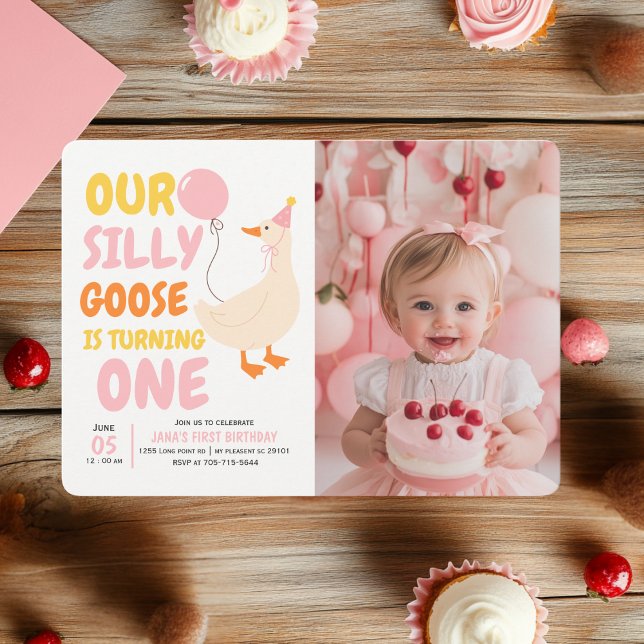 Silly Goose 1st Birthday Invitation with Photo  (Creator Uploaded)