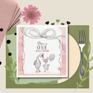 Silly Goose 1st Birthday Napkins | Watercolor Pink