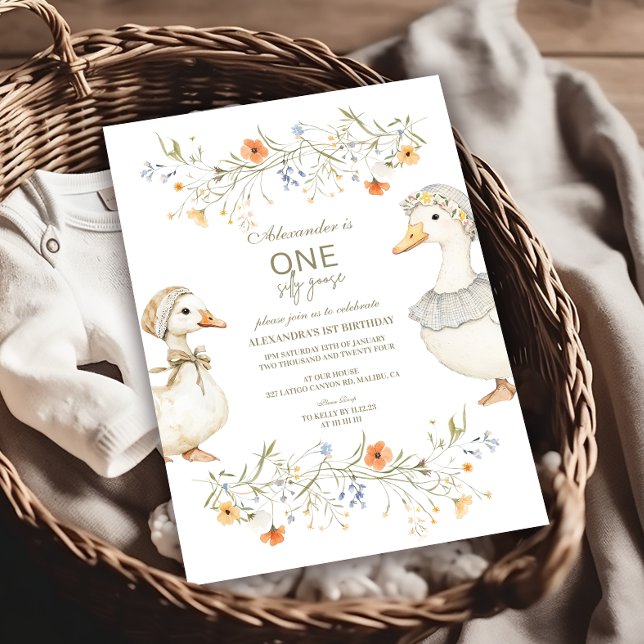 Silly Goose 1st Birthday Neutral Floral  Invitation (Creator Uploaded)