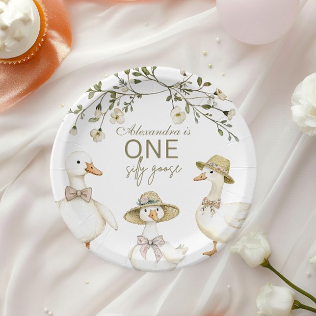 Silly Goose 1st Birthday Neutral Floral  Paper Plate (Creator Uploaded)