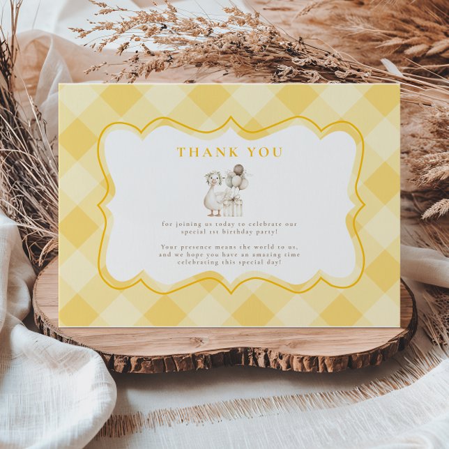 Silly Goose 1st Birthday Yellow Gingham Thank You Card (Creator Uploaded)