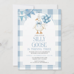 Silly Goose 3rd Birthday Blue Bow Gingham Balloon  Invitation