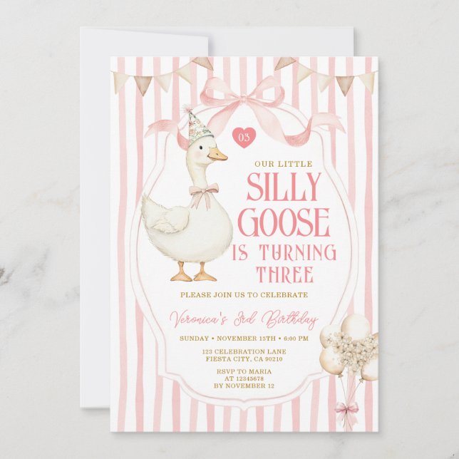 Silly Goose 3rd Birthday Pink Bow Stripe Balloon  Invitation (Front)