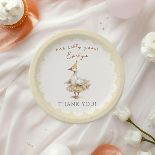 Silly Goose 3rd Birthday Yellow Watercolor Paper Plate (Creator Uploaded)