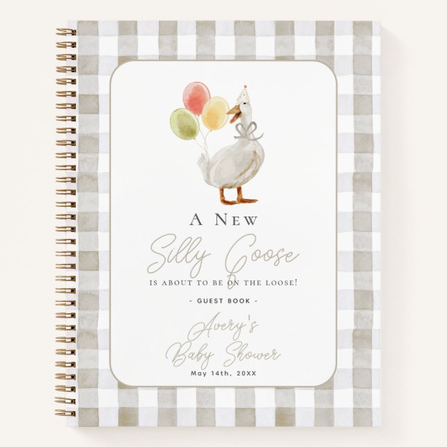 Silly Goose Beige Gingham Baby Shower Guest Book (Front)