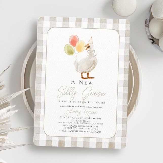 Silly Goose Beige Gingham Baby Shower Invitation (Creator Uploaded)