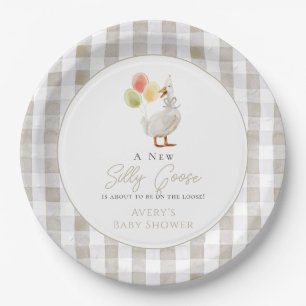 Silly Goose Beige Gingham Baby Shower Paper Plate
