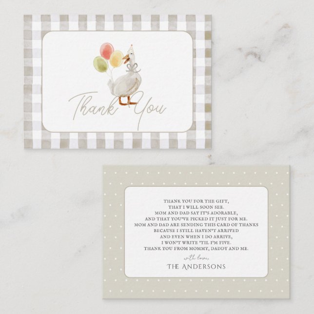 Silly Goose Beige Gingham Baby Shower Thank You Card (Front/Back)