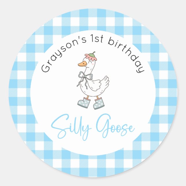 Silly Goose Blue Birthday Classic Round Sticker (Front)