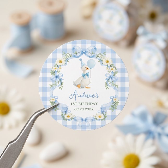 Silly Goose Blue Bow Birthday Classic Round Sticker (Creator Uploaded)