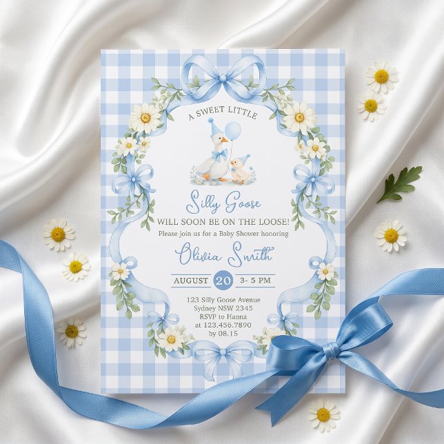 Silly Goose Blue Bow Boy Baby Shower Invitation (Creator Uploaded)