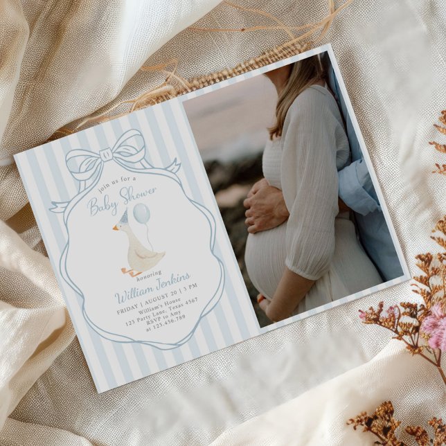 Silly Goose Blue Bow Boy Baby Shower Photo Invitation (Creator Uploaded)