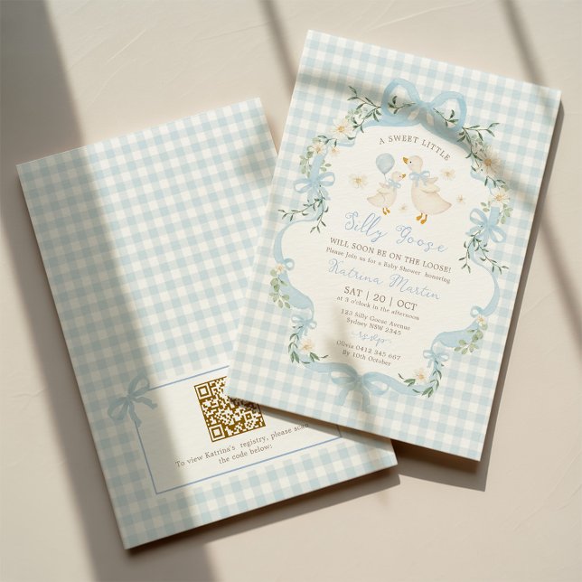 Silly Goose Blue Bow Boy Baby Shower QR Code Invitation (Creator Uploaded)
