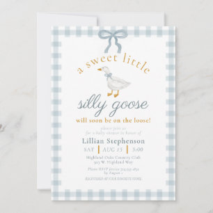 Silly Goose Blue Bow Duck Gingham Baby Shower Invitation