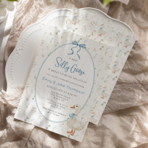Silly Goose Blue Bow Floral Baby Shower Invitation