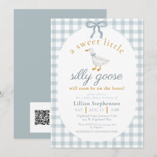 Silly Goose Blue Bow Gingham Baby Shower QR Code Invitation