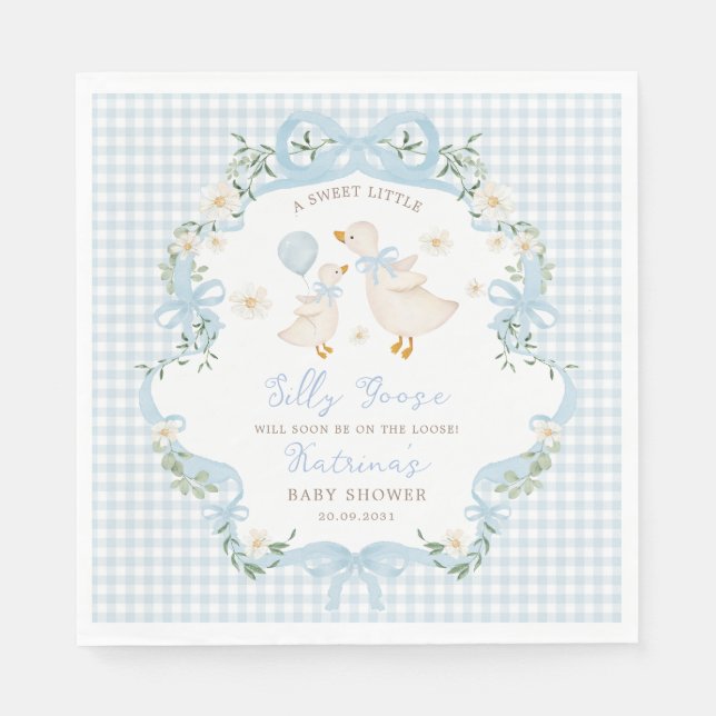 Silly Goose Blue Bow Gingham Boy Baby Shower Napkin (Front)