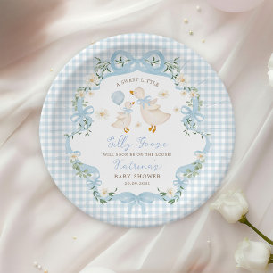 Silly Goose Blue Bow Gingham Boy Baby Shower Paper Plate