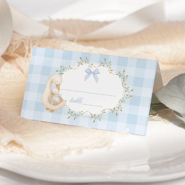 Silly Goose Blue Bow Gingham Whimsical Place Card (Creator Uploaded)