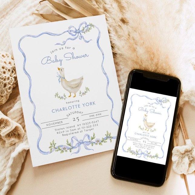  Silly Goose Blue Floral Bow Baby shower Invitation (Creator Uploaded)