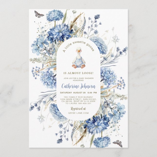 Silly Goose Blue Floral Qr Code Baby Shower Invitation (Front)