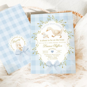Silly Goose Blue Gingham Baby Boy Shower Invitation