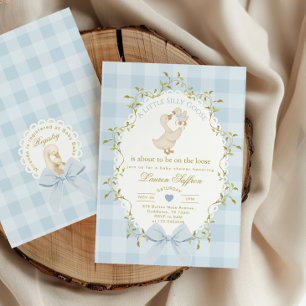 Silly Goose Blue Gingham Baby Boy Shower Invitation