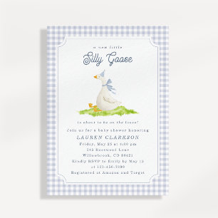 Silly Goose Blue Gingham Baby Shower Invitation