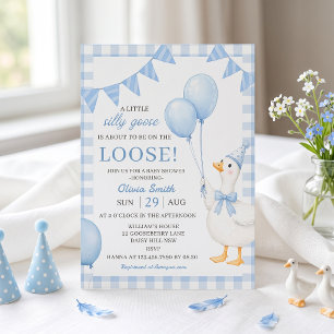 Silly Goose Blue Gingham Baby Shower Invitation