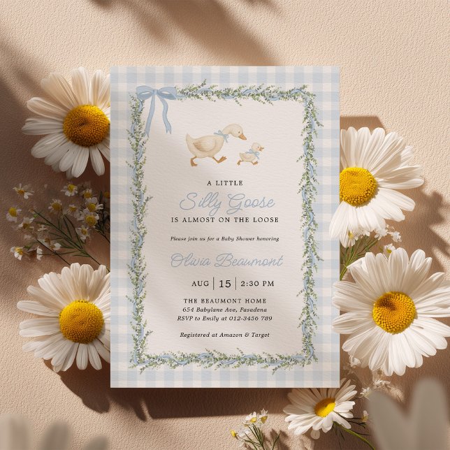Silly Goose Blue Gingham Baby Shower Invitation (Creator Uploaded)