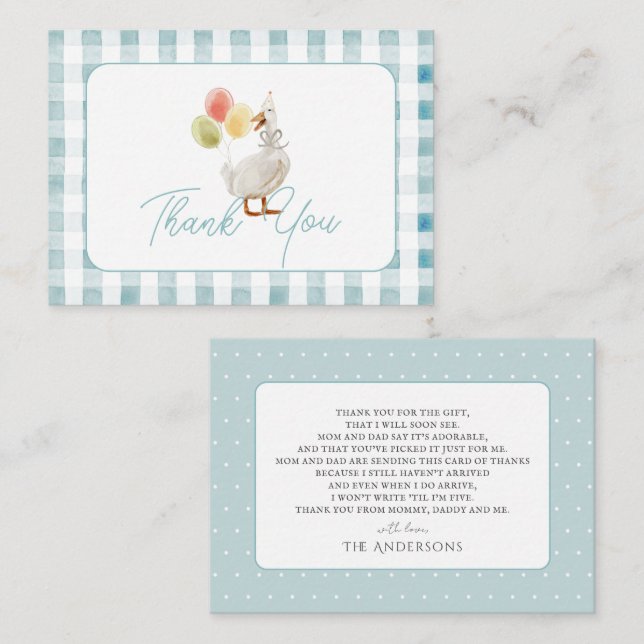 Silly Goose Blue Gingham Baby Shower Thank You Card (Front/Back)