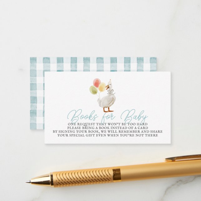 Silly Goose Blue Gingham Books for Baby Enclosure Card (Front/Back In Situ)