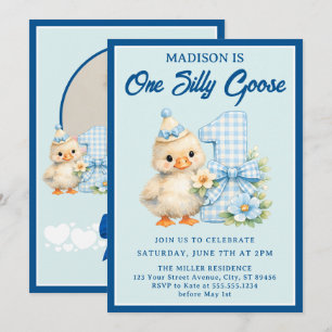 Silly Goose Blue Gingham Bow 1st Birthday Photo Invitation