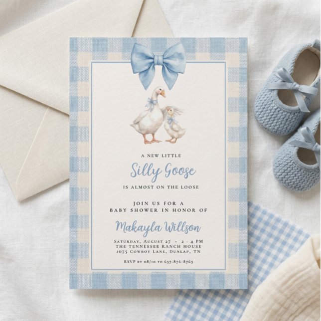Silly Goose Blue Gingham Bow Baby Shower  Invitation (Creator Uploaded)
