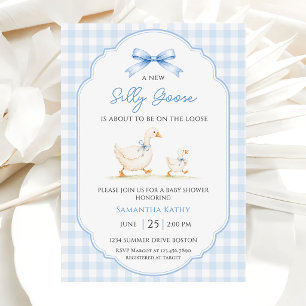 Silly Goose Blue Gingham Bow Duck Boy Baby Shower Invitation