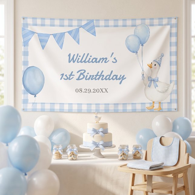 Silly Goose Blue Gingham Boy Birthday Banner (Creator Uploaded)