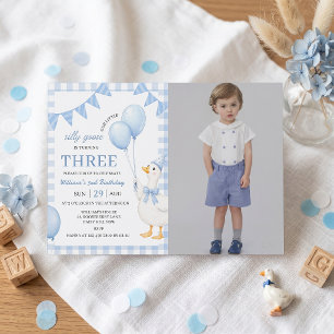 Silly Goose Blue Gingham Boy Birthday Invitation