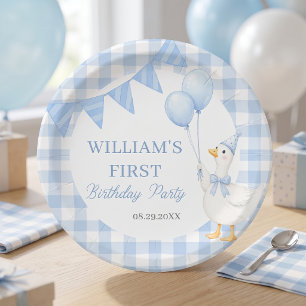 Silly Goose Blue Gingham Boy Birthday Paper Plates