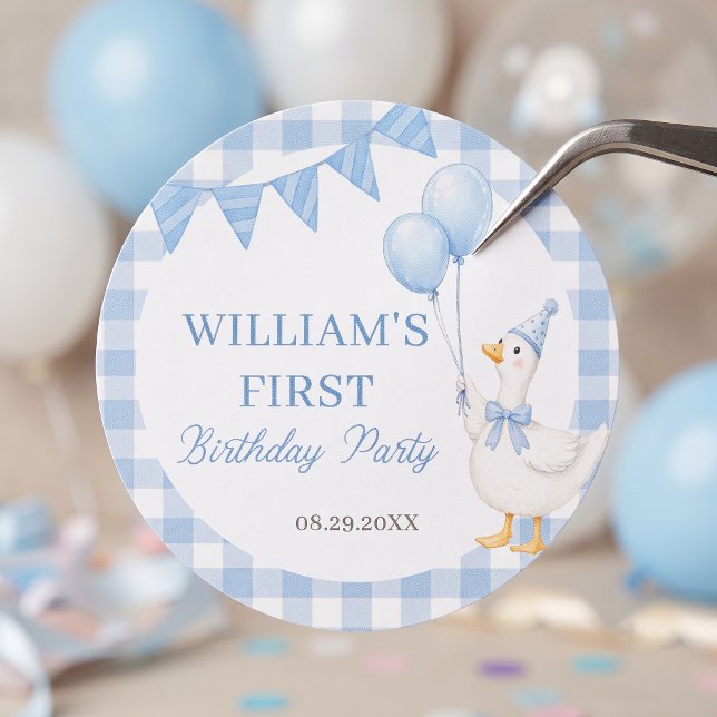 Silly Goose Blue Gingham Boy Birthday Sticker (Creator Uploaded)