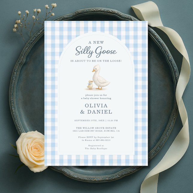 Silly Goose Blue Gingham Couples Baby Shower Invitation (Creator Uploaded)