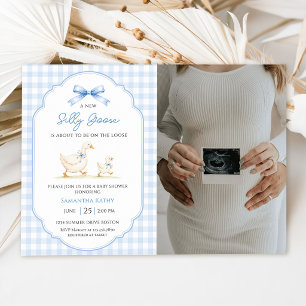 Silly Goose Blue Gingham Duck Baby Shower Photo Invitation