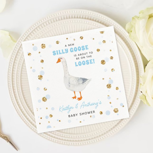 Silly Goose Blue Watercolor Boys Baby Shower Napkin (Creator Uploaded)