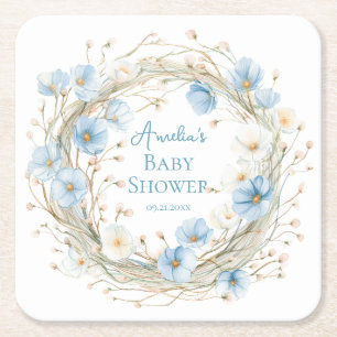 Silly Goose Blue Wildflower Baby Shower Paper Coas Square Paper Coaster
