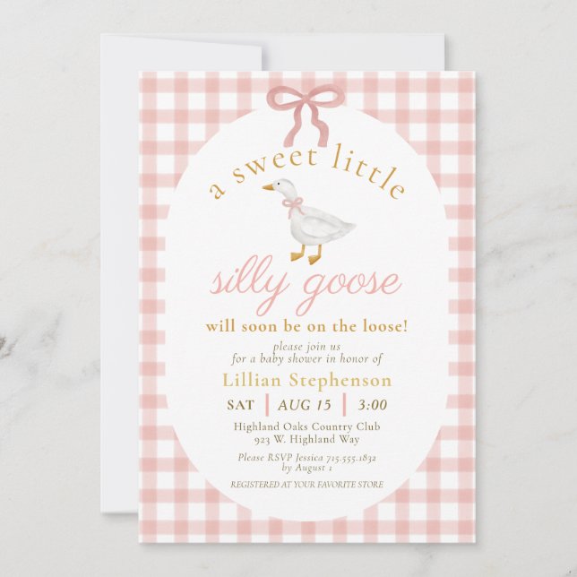 Silly Goose Blush Pink Bow Gingham Baby Shower  Invitation (Front)