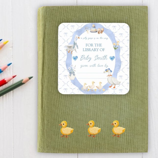 Silly Goose Bow Baby Boy Shower Book Plate Square Sticker (Creator Uploaded)