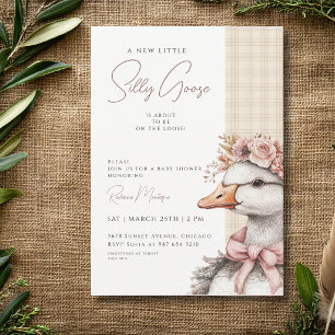 Silly Goose Brown Gingham Flower Bow Baby Shower Invitation
