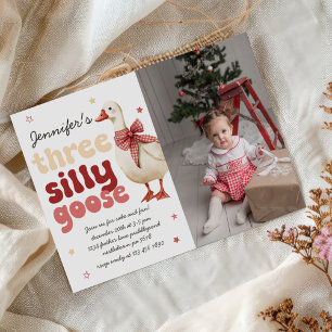 Silly Goose Christmas Bow 3rd Birthday Photo Invitation