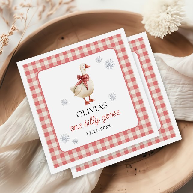 Silly Goose Christmas Gingham 1st Birthday Napkin (Creator Uploaded)