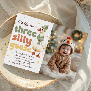 Silly Goose Christmas Green 3rd Birthday Photo Invitation