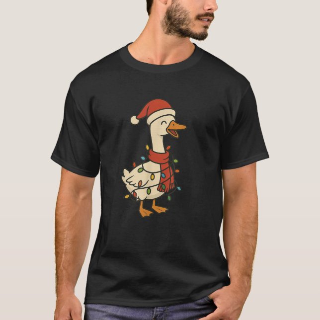 Silly Goose Christmas Tree Lights Funny Santa Hat  T-Shirt (Front)